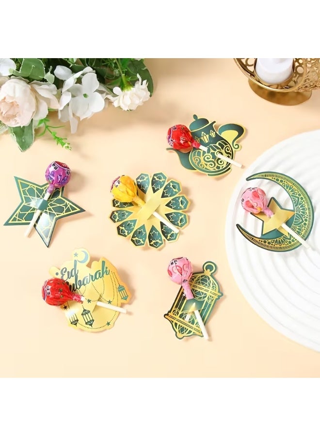 ٤٨ قطعة من بطاقات حامل المصاصات لعيد مبارك - أغطية حلوى ورقية بتصميم هلال ونجمة باللون الأبيض والأخضر والذهبي، مثالية لتوزيعات حفلات رمضان وعيد الفطر. - Image 1